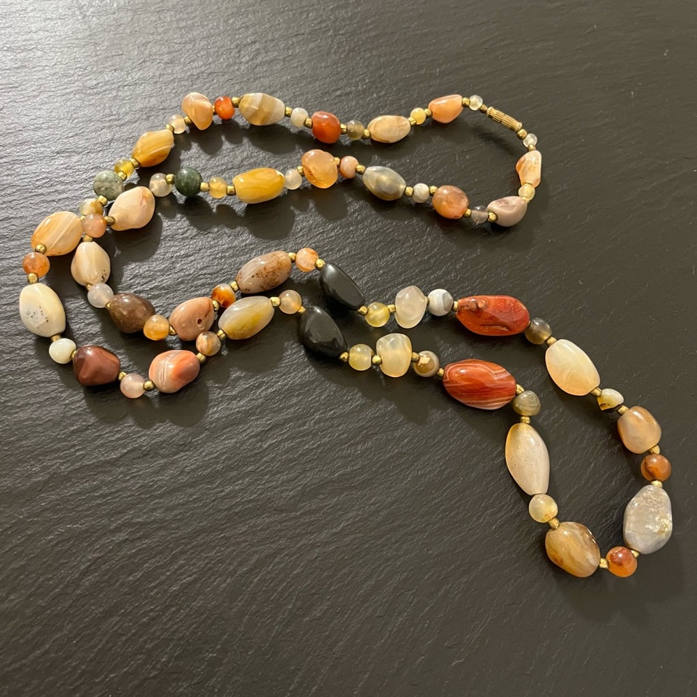 Polished Precious Stone Beaded Gypsy Bohemian Artisan Colorful Necklace 36”